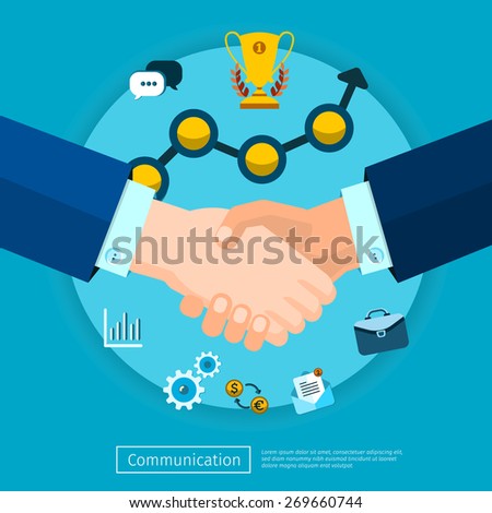 Business connection and relations. Business icons in flat, e-business, apps banner, handshake illustration 