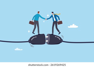 Business connection, teamwork collaboration, join force or agreement for success, partnership communication or customer support concept, businessman partner handshake on connecting electric plug.
