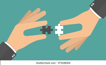Business connections concept. Two hands putting puzzle pieces together. Flat style