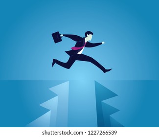 Business conquering obstacles challenge concept. Businessman taking risk jumping over gap, vector illustration