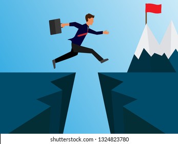 Business conquering obstacles challenge concept. Businessman taking risk jumping over gap, vector illustration