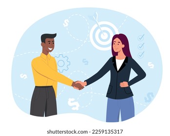 Business consent concept. Man and woman shake hands. Collaboration and cooperation. Planning and strategy, partnership. Investor and businessman conclude deal. Cartoon flat vector illustration