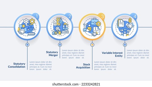 Business consolidation circle strategies infographic template. Data visualization with 4 steps. Editable timeline info chart. Workflow layout with line icons. Lato-Bold, Regular fonts used