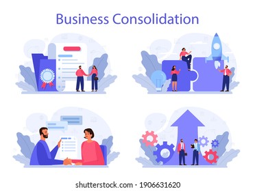 Business consolidation concept set. Office characters working together in collaboration. Idea companies partneship and cooperation. Isolated flat vector illustration