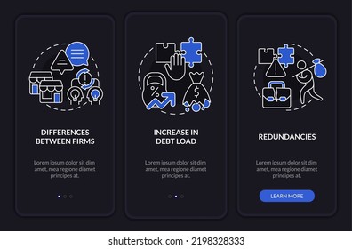 Business consolidation cons night mode onboarding mobile app screen. Walkthrough 3 steps editable graphic instructions with linear concepts. UI, UX, GUI template. Myriad Pro-Bold, Regular fonts used