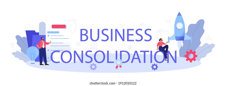 Business consolidation typographic header. Office characters working together in collaboration. Idea companies partneship and cooperation. Isolated flat vector illustration