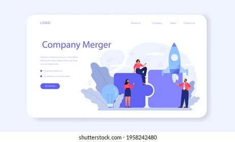 Business consolidation web banner or landing page. Office characters