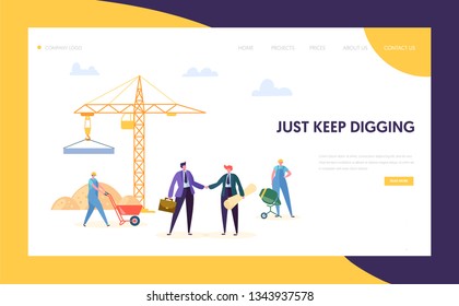 Business Construction Work Process Concept Landing Page. Builder Character in Uniform Work near Crane. Man in Suit Make Commercial Agreement Website or Web Page. Flat Cartoon Vector Illustration