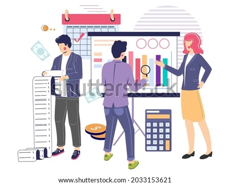 Business consultant, audit professionals analysing data, flat vector illustration. Financial statement or annual report, financial audit and advisory services. Finance and accounting.