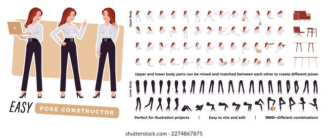 Business consultant character easy pose constructor. Office girl drag drop set, female assistant body match, figure building. Vector flat style cartoon construction kit isolated, white background