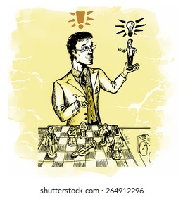 Business consultant. Conceptual image of business relationships as a game of chess. Vector cartoon