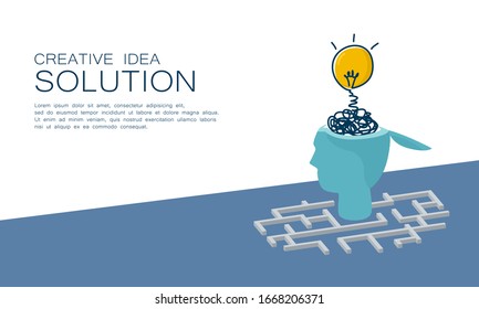 business consultant. creative marketing. problem solving process and analysis by using idea to develop solution for better result. vector design with copy space. bulb with head symbol and maze.