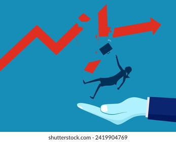 Business consultant. Hands help a businessman is falling from a graph 