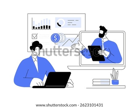 Business consultant isolated cartoon vector illustrations. Man communicates with business consultant using laptop, discuss new strategy, video conference, brainstorming process vector cartoon.