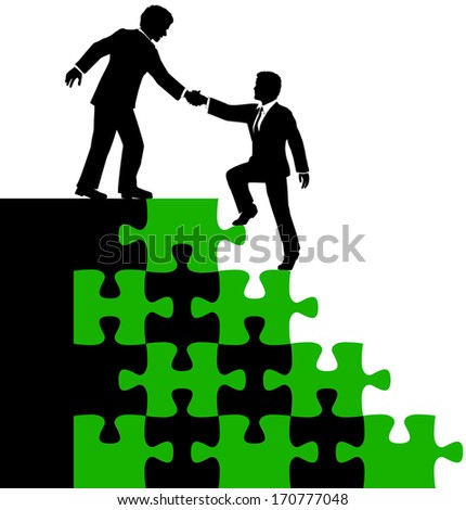 Business consultant mentor or teamwork helps associate find problem puzzle solution 