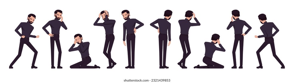 Business consultant negative emotion male set, handsome latino man different standing poses. Office worker, manager in black turtleneck. Vector flat style cartoon character isolated, white background