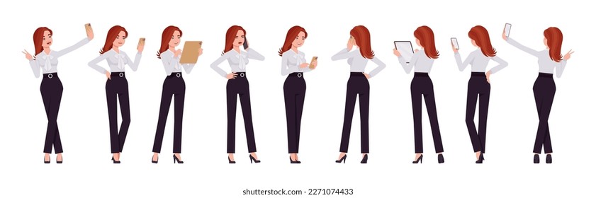 Business consultant professional lady set, attractive woman holding gadget poses. Office girl, female manager formal work classic wear. Vector flat style cartoon character isolated on white background