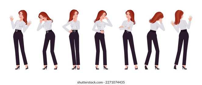 Business consultant professional lady set, attractive woman negative emotions. Office girl, female manager formal work classic wear. Vector flat style cartoon character isolated on white background