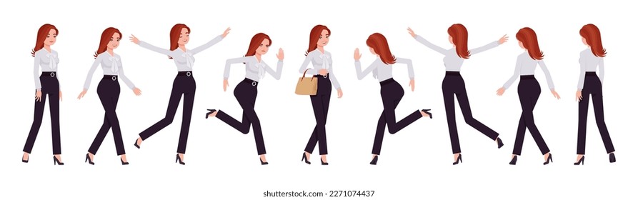 Business consultant professional lady set, attractive woman walk, run poses. Office girl, female manager, formal work classic wear. Vector flat style cartoon character isolated on white background