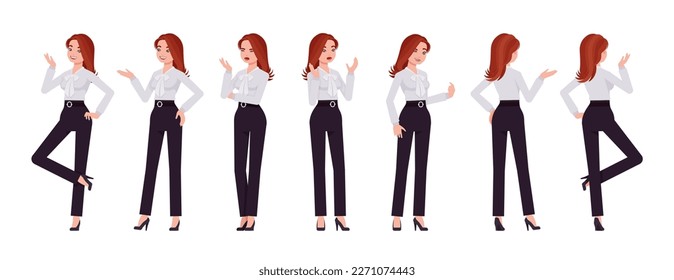 Business consultant professional lady set, attractive woman talk, speak poses. Office girl, female manager formal work classic wear. Vector flat style cartoon character isolated on white background