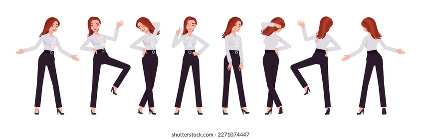 Business consultant professional lady set, attractive woman positive emotions. Office girl, female manager formal work classic wear. Vector flat style cartoon character isolated on white background