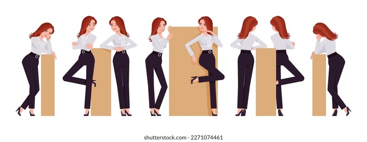 Business consultant professional lady set, attractive woman leaning poses. Office girl, female manager formal work occasion classic wear. Vector flat style cartoon character isolated, white background