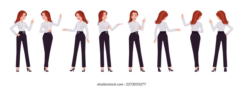 Business consultant professional lady set, attractive woman point, show poses. Office girl, female manager formal work classic wear. Vector flat style cartoon character isolated on white background