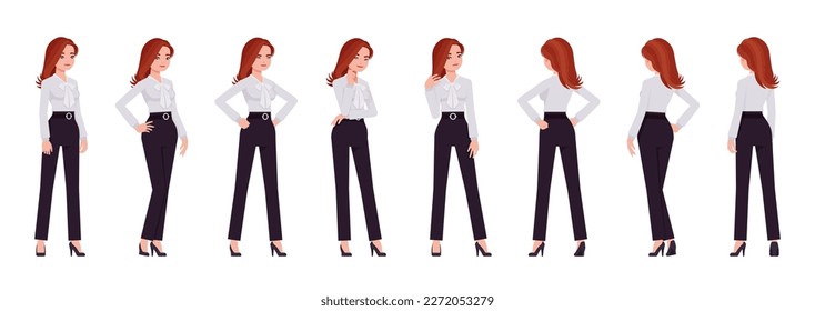 Consultora de negocios, señora profesional, atractiva mujer diferente poses. Chica de oficina, gerente, ropa de trabajo formal. Personaje de dibujos animados de estilo plano vectorial aislado en fondo blanco