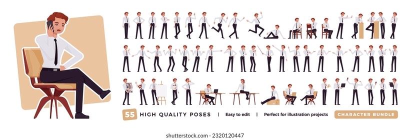 Business consultant professional male character set, bundle. Confident boy, cool manager workwear, poses, emotions, office situations. Vector flat style cartoon character isolated, white background