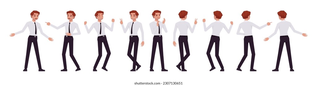 Business consultant professional male set, handsome man different positive emotions. Office boy, young manager in formal work wear. Vector flat style cartoon character isolated on white background