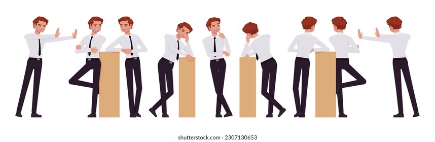 Business consultant professional male set, handsome man different leaning poses. Office boy, young manager in formal work wear. Vector flat style cartoon character isolated on white background