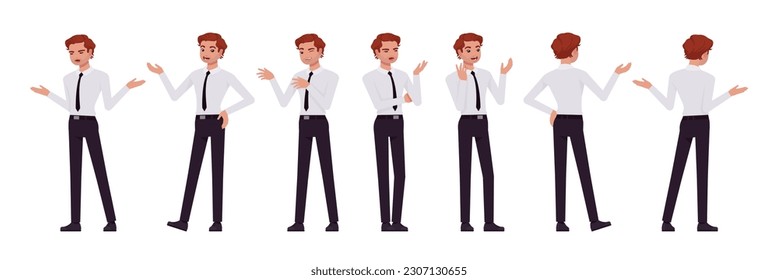 Business consultant professional male set, handsome man different talk, show poses. Office boy, young manager in formal work wear. Vector flat style cartoon character isolated on white background