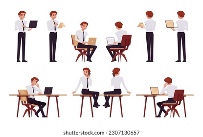 Business consultant professional male set, handsome man in workplace poses. Office boy, young manager in formal work wear. Vector flat style cartoon character isolated on white background