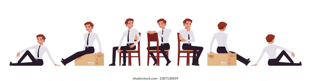 Business consultant professional male set, handsome man different sitting poses. Office boy, young manager in formal work wear. Vector flat style cartoon character isolated on white background