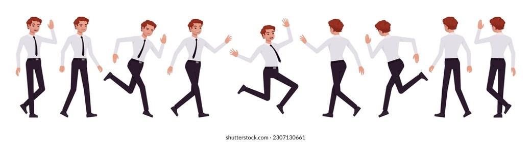 Business consultant professional male set, handsome man different walk, run poses. Office boy, young manager in formal work wear. Vector flat style cartoon character isolated on white background