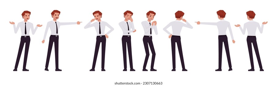 Business consultant professional male set, handsome man different negative emotions. Office boy, young manager in formal work wear. Vector flat style cartoon character isolated on white background