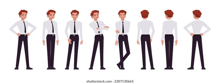 Business consultant professional male set, handsome man different standing poses. Office boy, young manager in formal work wear. Vector flat style cartoon character isolated on white background