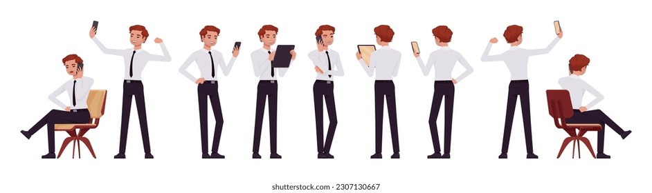 Business consultant professional male set, handsome man holding different gadget poses. Office boy, young manager in formal work wear. Vector flat style cartoon character isolated on white background