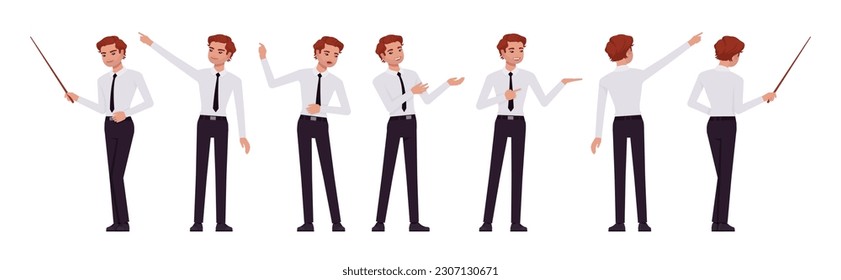 Business consultant professional male set, handsome man different show, point poses. Office boy, young manager in formal work wear. Vector flat style cartoon character isolated on white background