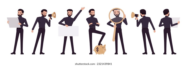 Business consultant professional male set, handsome latino man holding different items poses. Office worker, manager in black turtleneck. Vector flat style cartoon character isolated, white background