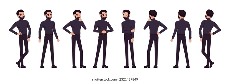 Business consultant professional male set, handsome latino man different standing poses. Office worker, cool manager in black turtleneck. Vector flat style cartoon character isolated, white background