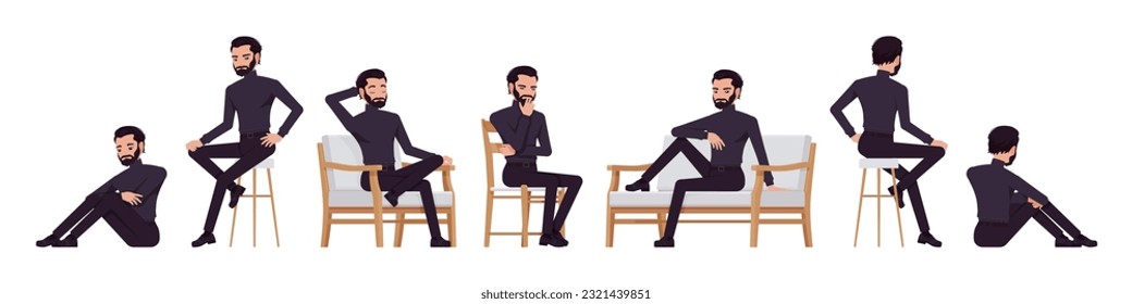 Business consultant professional male set, handsome latino man sitting chair, sofa poses. Office worker, manager in black turtleneck. Vector flat style cartoon character isolated, white background