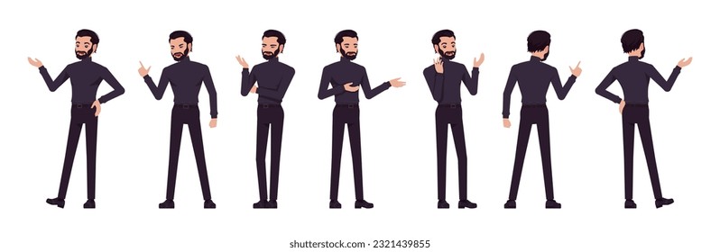 Business consultant professional male set, handsome latino man different talk, speech poses. Office worker, manager in black turtleneck. Vector flat style cartoon character isolated, white background