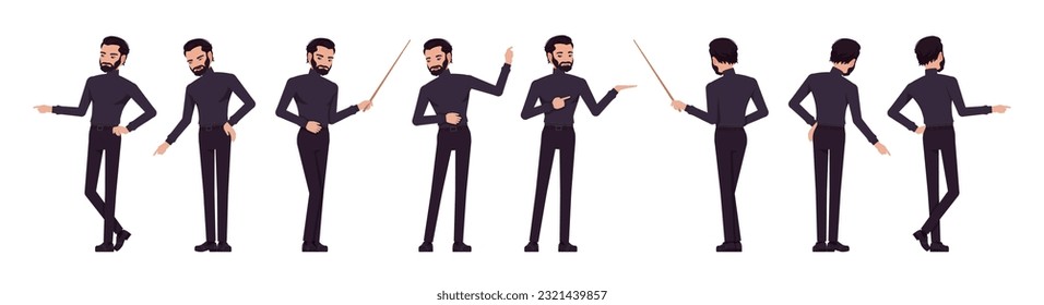 Business consultant professional male set, handsome latino man different show, point poses. Office worker, manager in black turtleneck. Vector flat style cartoon character isolated, white background