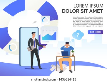 Business consultant and puzzled man working at desk. Planning, information concept. Presentation slide template. Vector illustration can be used for topics like business, analysis, consulting