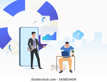 Business consultant and puzzled man working on laptop. Planning, marketing, information concept. Vector illustration can be used for topics like business, analysis, consulting