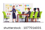 Business consultant showing planning board tasks to business seminar students people, pointing at scrum task board plan, sticky notes flowchart. Conference meeting room interior. Vector illustration