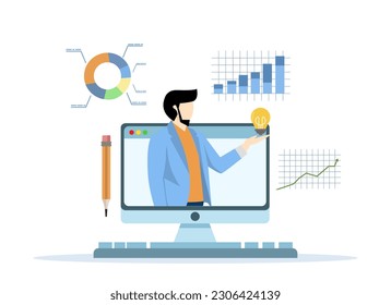 Business consultant, strategy and analysis concept, online presentation or conference call, advisor or expertise, smart businessman from computer laptop monitor giving some advice with analysis chart.