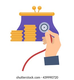 Business consultant using a stethoscope on a purse. Flat vector concept illustration of hand with stethoscope, purse, coins. Businessman check a money health. Web, presentation infographic elements.