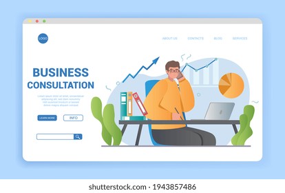 Business Consultation with a broker or advisor using a smartphone and laptop in his office in a series depicting different professions, flat cartoon vector design illustration for website landing page